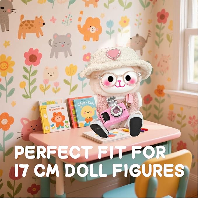 5 Set 17cm Doll Clothes -Clothes for Dolls Outfit - Accessories for 17cm Dolls Clothes +Light Pink Heart-Shaped Velvet hat + Small Camera + Glasses + Canvas Shoes, No Doll Included (Style B)