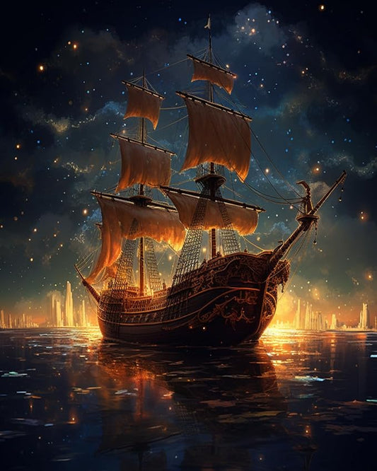 DIY Art Therapy Embroidery Kit,Pre-Printed Canvas 40x50cm,Relaxing Hand Stitch Project for Women,Beginners,Teens,Gift for Craft-Loving,Night View Sailing Boat