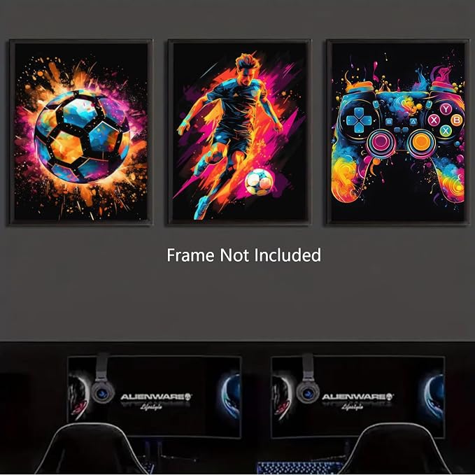 BGFCE Canvas Wall Art Poster Decor, Paintings Art Game Controller Color Splash Ink Canvas Painting, Posters for Room Aesthetic, Soccer Wall Art for Boys Room Decor 12x16 - Unframed Set of 3