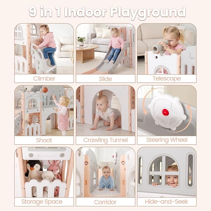 OLAKIDS Toddler Slide, 9 in 1 Kids Indoor Outdoor Playground with Climber Basketball Hoop Telescope Tunnel Corridor Toy Storage Steering Wheel for Boys Girls Aged 1+ (Pink)
