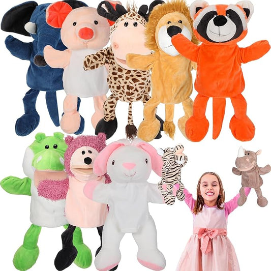 Wettarn 10 Pcs Animal Hand Puppets 12 Inch Soft Plush Plush Puppets Lion Orangutan Giraffe Tiger Pig Elephant Hand Puppets for Adults Storytelling, Teaching, Role Playing(Cute Style)