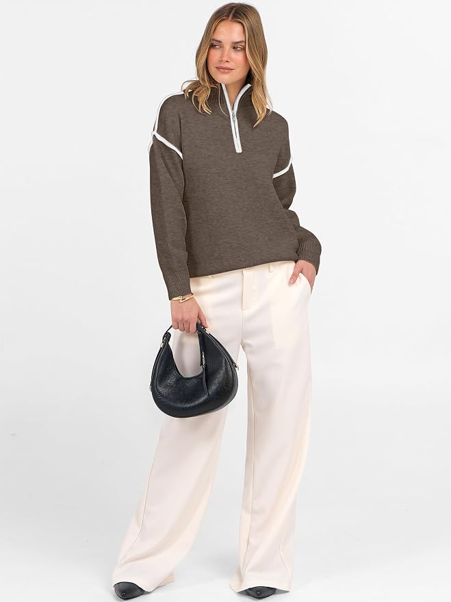 ANRABESS Womens Quarter Zip Sweaters Fall Long Sleeve V Neck Shirts Collared Business Casual Tops Knit Pullover Sweatshirts