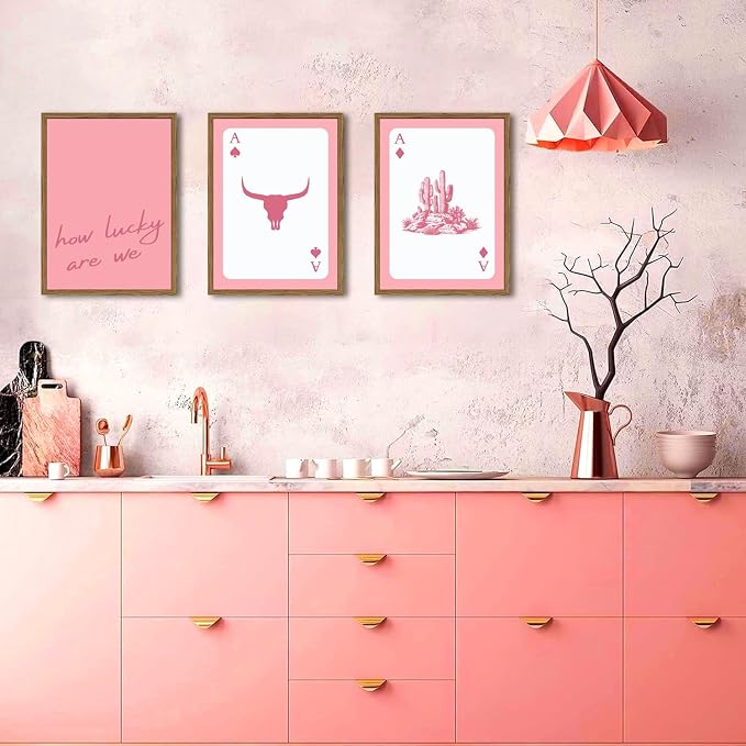 Pink Western Wall Art, How Lucky are We Wall Decor Picture Southwestern Cowgirl Playing Card Poster Canvas Print Bull Skull Painting Artwork for Bedroom Living Room 16x24 inch Wood Framed