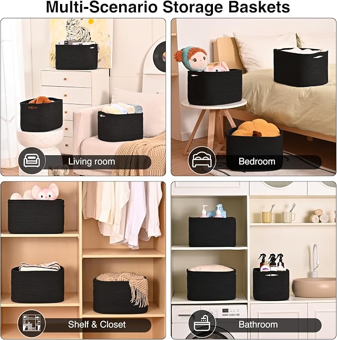 ICERZCZ Black Storage Baskets for Organizing Shelves, Toy Basket for Nursery, Woven Cotton Rope Basket for Decor, Towel Baskets for Bathroom, 15"x11"x9.5", 3 Packs, Black