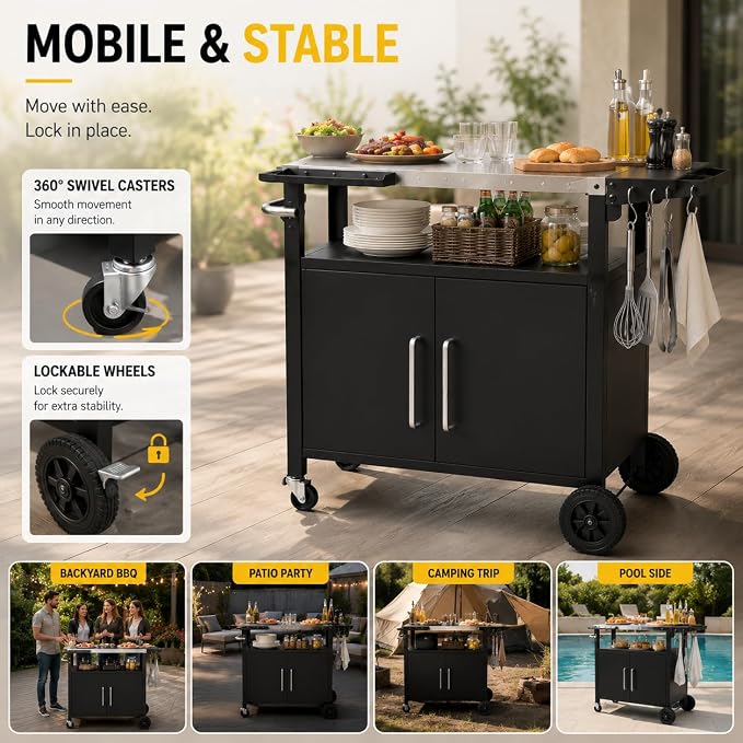 Outdoor Grill Cart with Storage, Rolling Outdoor Bar Cart and Foldable Korean BBQ Table, Movable Outdoor Kitchen Island and BBQ Cart for Patio Dining and Food Prep, with Wheels and Hooks