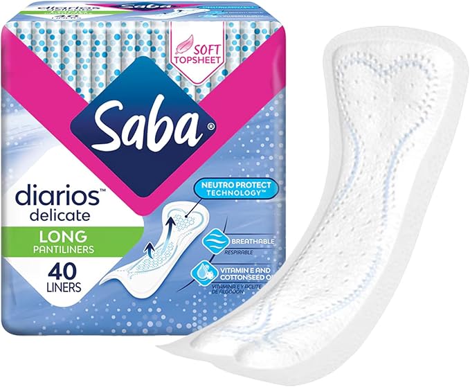 SABA Diarios Long Delicate Pantiliners, Unscented, Breathable & Comfortable for Everyday Freshness, 4-Pack of 40 Pads (160 Count)