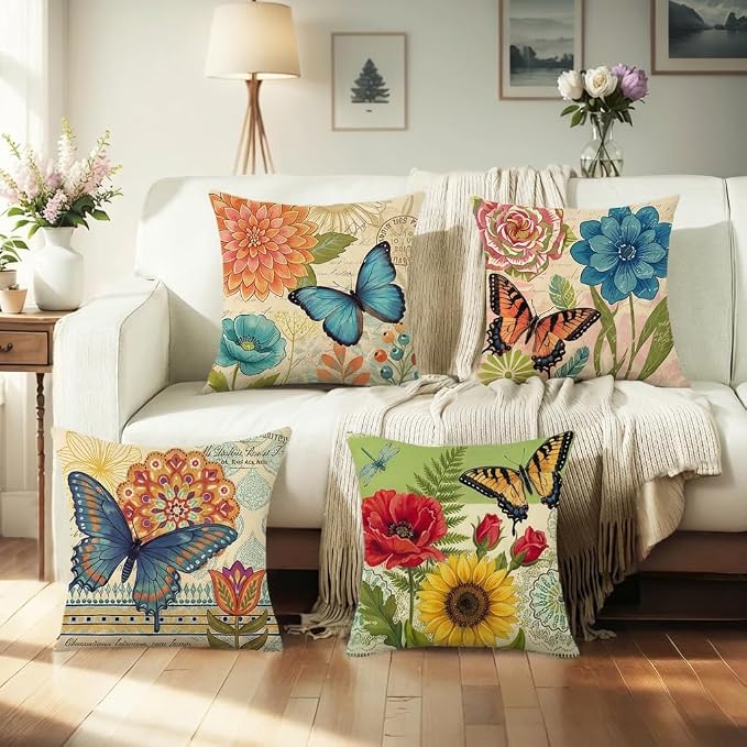 wyooxoo Spring Summer Pillow Covers 16x16 Set of 4 Farmhouse Throw Pillow Covers Linen Flower Butterfly Decorative Pillowcases for Sofa Couch Living Room Outdoor
