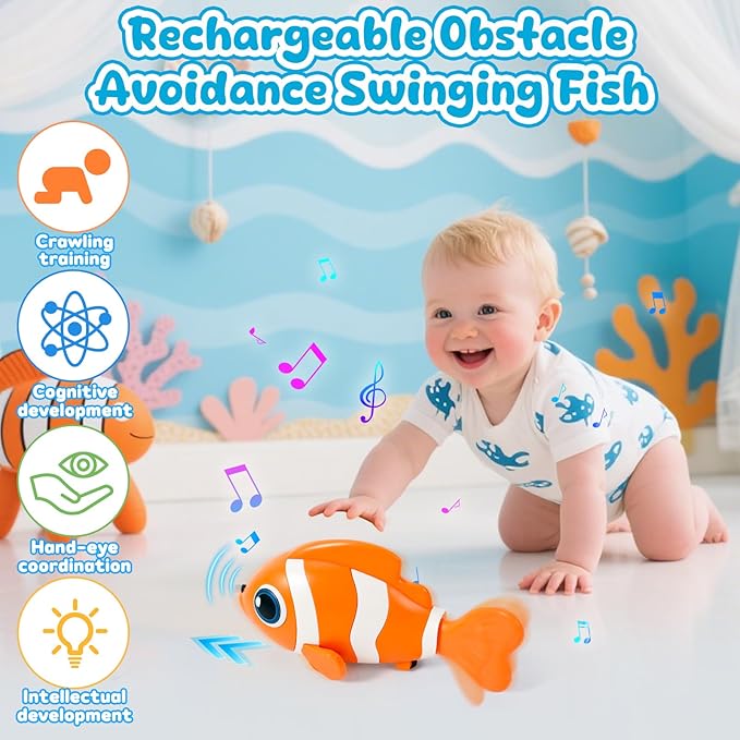 Crawling Fish Baby Toys, Novelty Tummy Time Toys for Babies 6-12 Months, Magic Swinging Fish Music Crawling Toys for Infant Toddler 12-18 Learning Crawl Walking Dancing 1st Valentines Days Gift