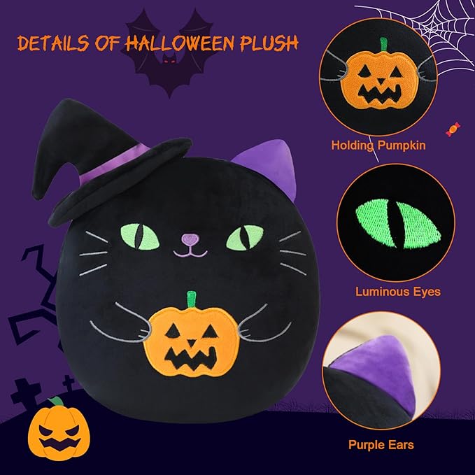 Halloween Cat Stuffed Animal Toy Cute Witch with Pumpkin Stuffed Plush Home Decor Halloween Party Gifts for Kids Girls and Boys（Witch Pumpkin Cat, 10 Inch）