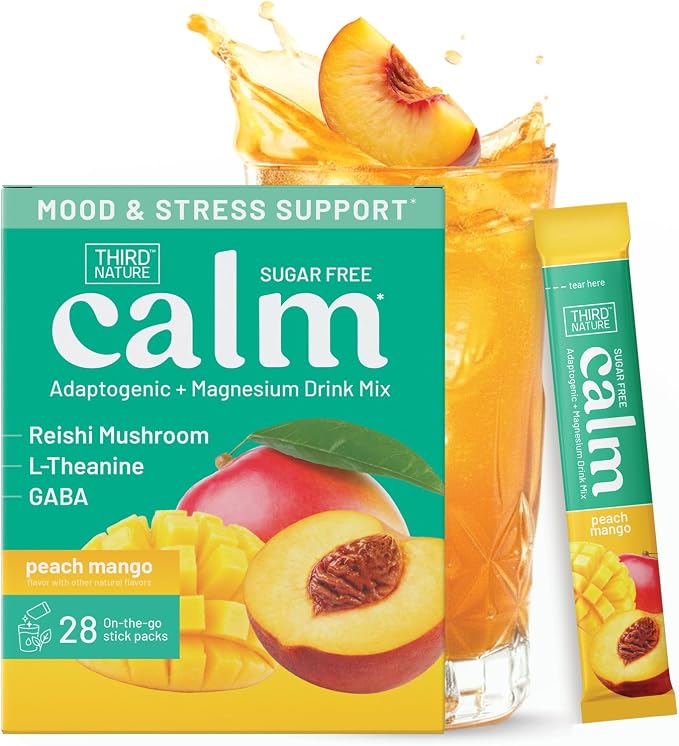 Third Nature Calm Powdered Drink Mix for Stress Support, Relaxation, Healthy Cortisol & Focus - No Sugar, Non-GMO On-The-Go Calming Drink with Magnesium Glycinate, GABA, Peach Mango, 28 Stick Packs