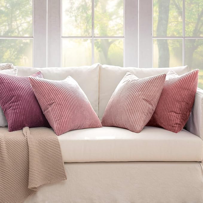 MIULEE Soft Corduroy Decorative Throw Pillow Covers Purple Pink 20x20 | Set of 4, Shabby Chic Romantic Decor, Pink Gradient Matching, Boho Farmhouse Cushion Covers for Couch Bed Sofa Living Room