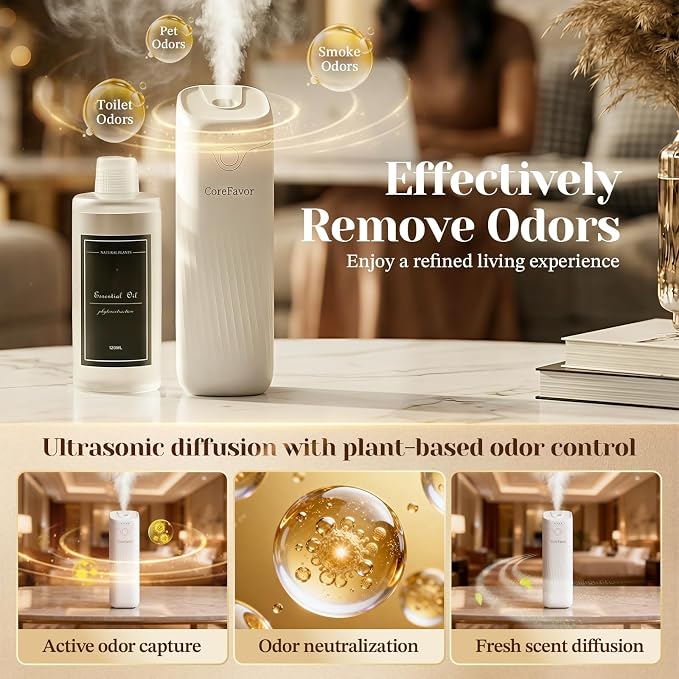 Waterless Essential Oil Diffuser (M60) with 120ml Oil, Portable Battery-Operated Cold Air Aroma Scent Machine, 4 Adjustable Intensity Levels, Quiet Diffuser for Bedroom Office Car (Lavender)