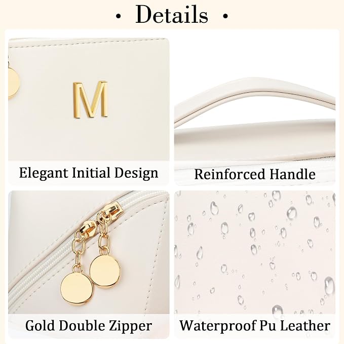 KKXIU Initial Makeup Bag for Women - Personalized Makeup Bag Gifts for Women, Travel Toiletry Bag with PU Leather, Open Flat Design with Top Handle, Cosmetic Bag Set with Multi-Pocket (Beige,M)