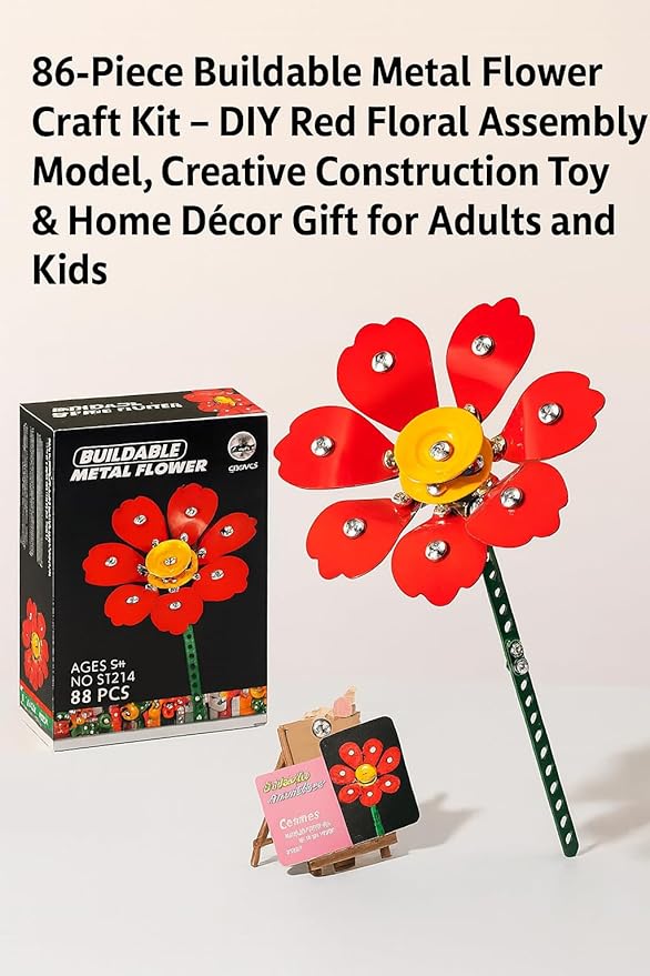 86-Piece Buildable Metal Flower Craft Kit – DIY Red Floral Assembly Model, Creative Construction Toy & Home Décor Gift for Adults and Kids