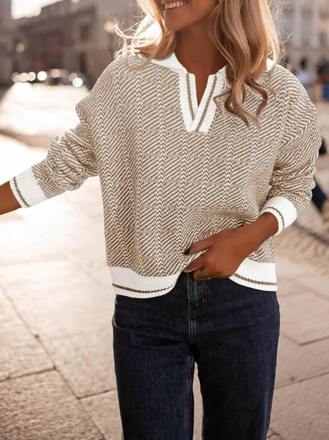 Saodimallsu Womens Fall Sweaters Tops Lapel V Neck Knit Color Block Shirt | Winter,Long Sleeve,Casual,Soft,Pullover,Cozy,Ribbed,Ladies,Chunky,Warm Sweaters,Checkered,Tunic,Work
