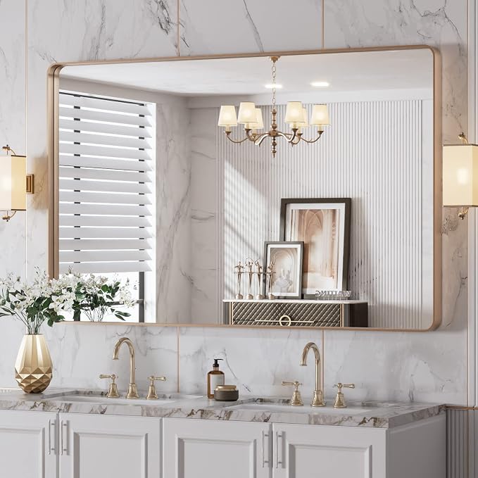 LOAAO 48"X30" Gold Bathroom Mirror | Rounded Rectangle, Brushed Gold Frame, Wall-Mounted, Anti-Rust, Tempered Glass, Hangs Horizontally or Vertically