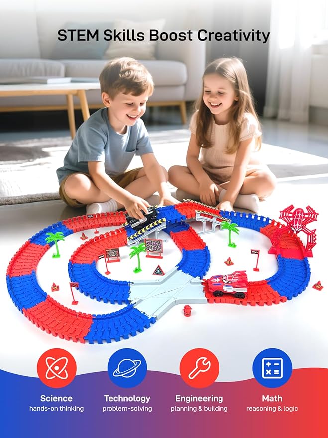 Spider Toys for Ages 5-7, Spider Race Track with 2 pcs Spider Cars Toys for 3 4 5 6 Year old Boys Girls DIY Flexible Tracks Playset Creative STEM Building Car Tracks for Kids Age 3-5 6-8 Birthday Gift