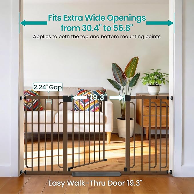 Cumbor 30.4-56.8" Extra Wide Baby Gate for Stairs, Dual Lock & Self-Closing Dog Gate Indoor, Easy Install Pet Gate for Doorways & Wide Openings, Easy Walk Thru Safety Proofing for Babies & Pets, Brown