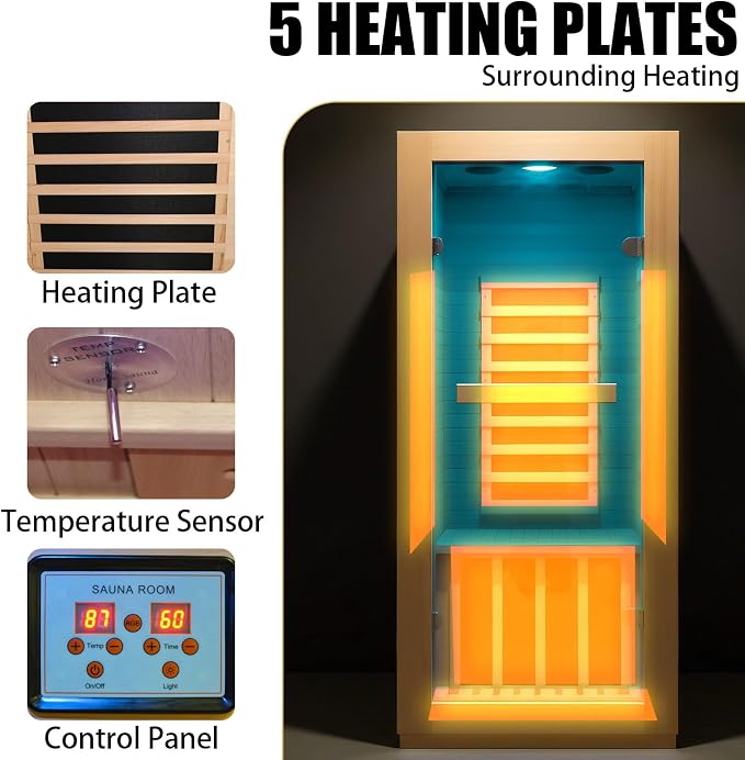 Sauna, Infrared Saunas for Home, Low EMF Indoor Sauna Room Dry Sauna Wood Build Hemlock 1 Person Sauna with Tempered Glass Door/Speakers/Air Hole -Single Person Sauna 32.3 * 28.4 * 61.4"