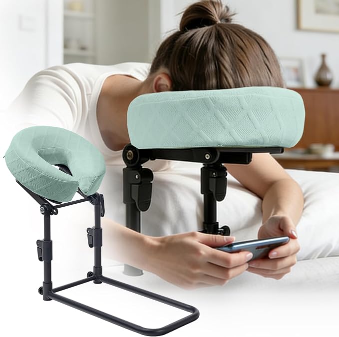 Massage Headrest for Bed with Adjustable Height, Memory Foam Face Cradle, Washable Pillowcase for Home (Green)