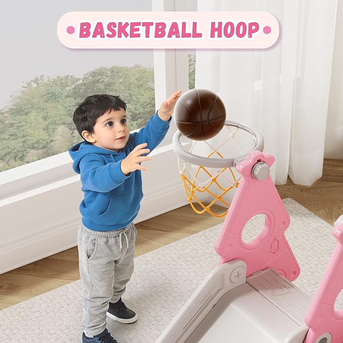 XJD 4-in-1 Toddler Slide and Swing Set, Kids Slide for Toddlers Age 1+, Toddler Outdoor Playset with Basketball Hoop, Swing, Christmas Birthday Gifts for Kids (Light Pink)
