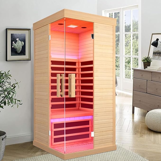 Infrared Sauna 1 Person Far Infrared Home Sauna for Men Women Elder | Canadian Hemlock Wood Low EMF Dry Sauna with Speakers Oxygen Bar 7 Color Light 1420W Fast Heating Easy Assembly 33.5x33.5x69"