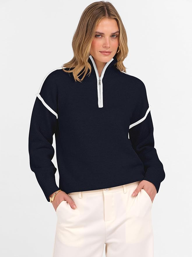ANRABESS Womens Quarter Zip Sweaters Fall Long Sleeve V Neck Shirts Collared Business Casual Tops Knit Pullover Sweatshirts