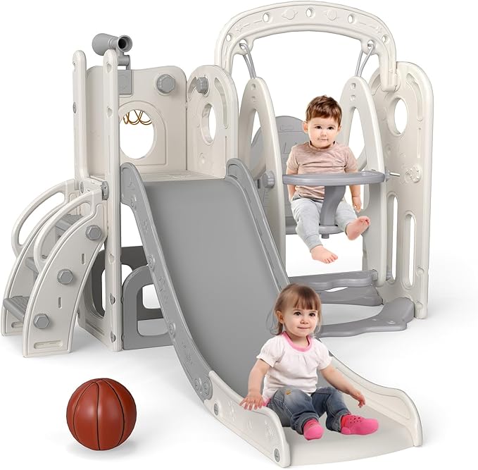 kinbor Toddler Swing and Slide Set - Indoor Outdoor Baby Slide for Toddlers 1-3, Toddler Playground with Basketball Hoop & Storage – Safe, Sturdy Kids Indoor Outdoor Playset