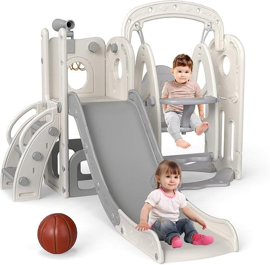 kinbor Toddler Swing and Slide Set - Indoor Outdoor Baby Slide for Toddlers 1-3, Toddler Playground with Basketball Hoop & Storage – Safe, Sturdy Kids Indoor Outdoor Playset