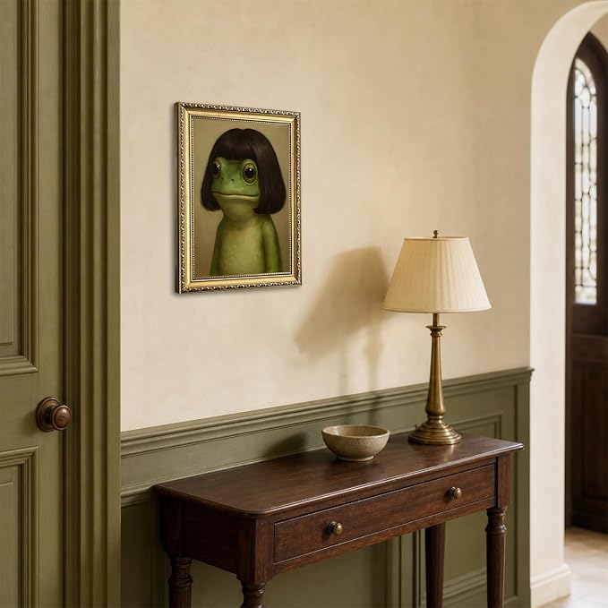 Gold Framed Funny Frog Wall Art, Whimsical Green Frog Wall Decor Painting Cute Animal Poster Canvas Prints Artwork for Living Room Bedroom Bathroom 12x16 inch