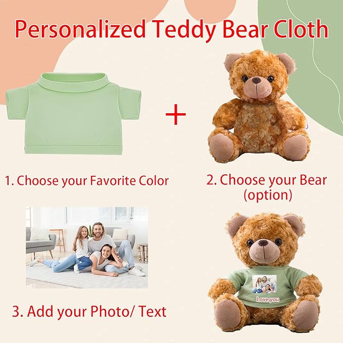 Personalized Teddy Bear Clothes with Photo Text, Custom Stuffed Animal Clothing Fit 8-16inch Stuffed Bear Clothes, Personalized Doll Clothing Make Your Own Plush Doll Shirt