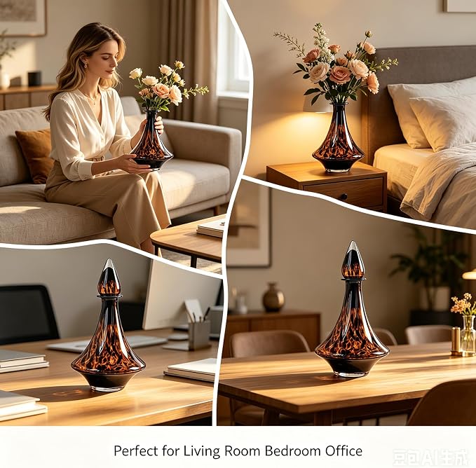 Unique Tortoise Shell Glass Vase, Brown Leopard Textured Decor Vase, Aesthetic Modern Ornament for Home Bedroom Living Room Office, Ideal for Housewarming Gifts and Home Decor Enthusiasts