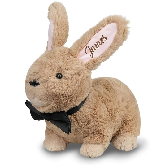 Custom Bunny Plush Embroidered Name, Realistic Bunny Stuffed Animal, Personalised Brown Rabbit for Baby Birthday Easter Gift for Girls Toddlers Kids(1 ear)
