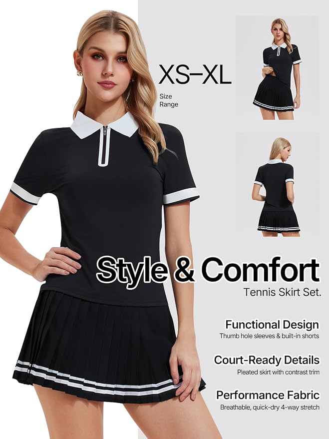 Women's 2-Piece Tennis Skirt Set, Polo V-Neck Top & High-Waisted Pleated Skirt, Athletic Outfit for Golf Pickleball
