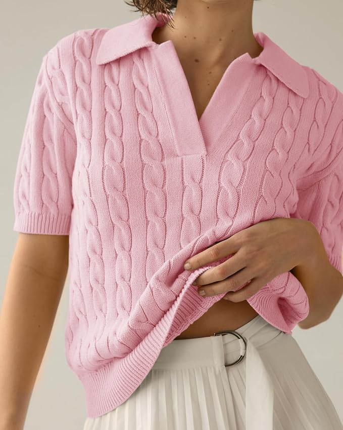 Imily Bela Womens Cable Short Sleeve Sweaters Tops Lapel V Neck Knit Shirt | Solid,Knit Casual,Soft Pullover,Fall Sweaters,Womens Summer Work Tops