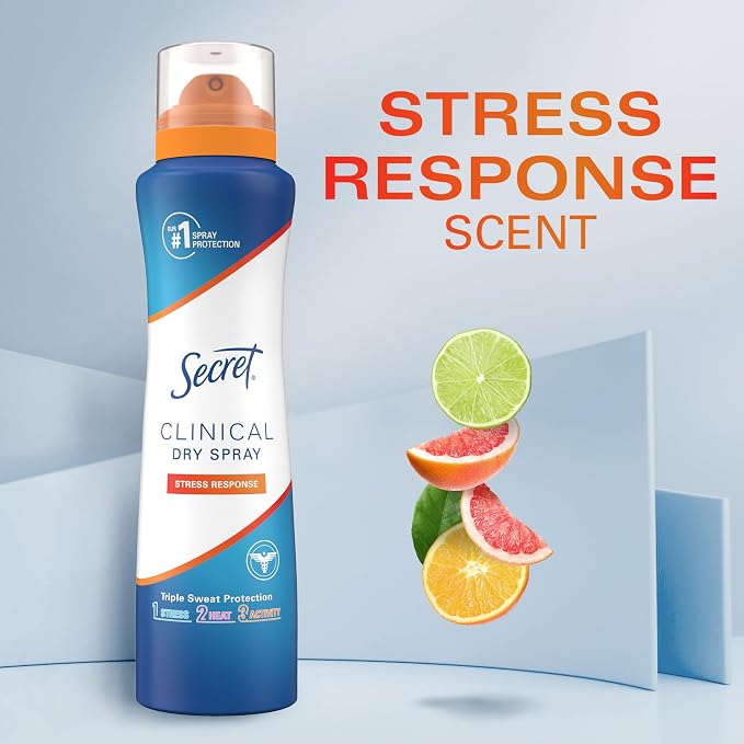 Secret Clinical Strength Dry Spray Antiperspirant Deodorant for Women, Stress Response, 3X Stress Protection, 72hr Sweat & Odor Protection, PH Balancing Minerals, 3.8 oz