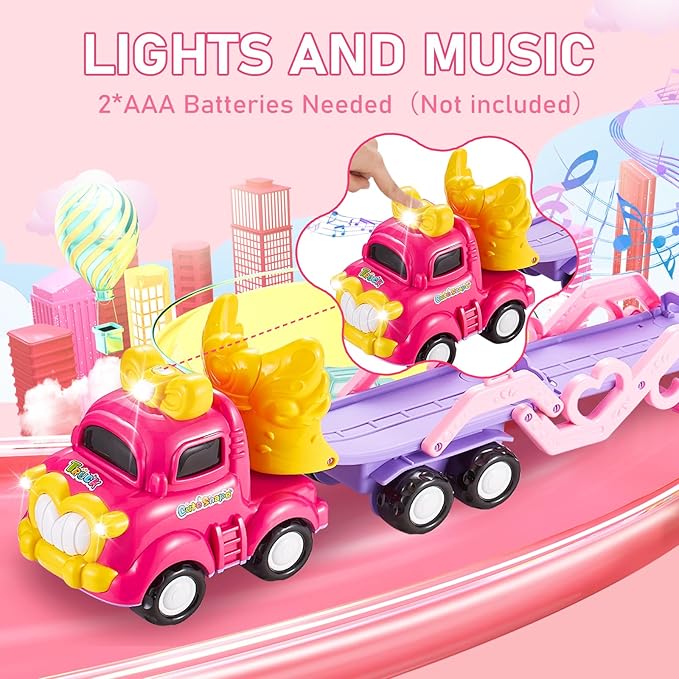 Toy Truck for 1, 2, 3, 4, 5, 6+ Year Old Girls, 7-in-1 Foldable Truck with Light & Music Educational Toy for Toddlers Great Gift for Girls