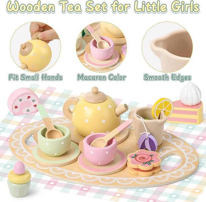 Lonico Wooden Tea Party Set for Little Girls Toddler Tea Set with Cupcake Stand & Food Dessert, Play Kitchen Accessories for Toddlers 2 3 4 5 6 Years Old, Wooden Toys Birthday Kids Girls Gifts 3-6