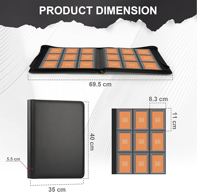 Toploader Binder,Trading Card Binder Storage Hold up 288 Cards 9-Pocket Top Loader Binder with Sleeves for 3"x4" Rigid Toploaders Hard Cases (9Carbon Fiber Black)