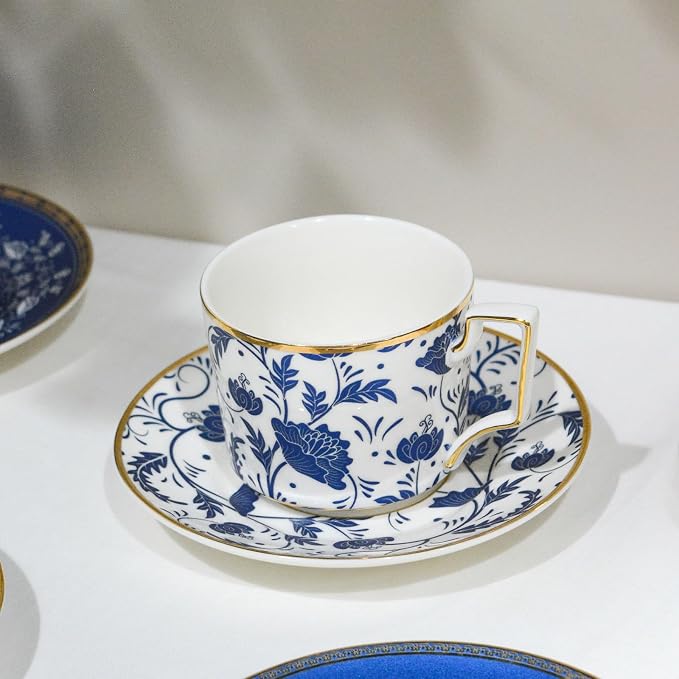 ACMLIFE Bone China Tea Cups and Saucers Set of 4, 6.8 oz Blue and White Tea Cups Set of 4, with Gold Trim and Gift Box (Blue-4)