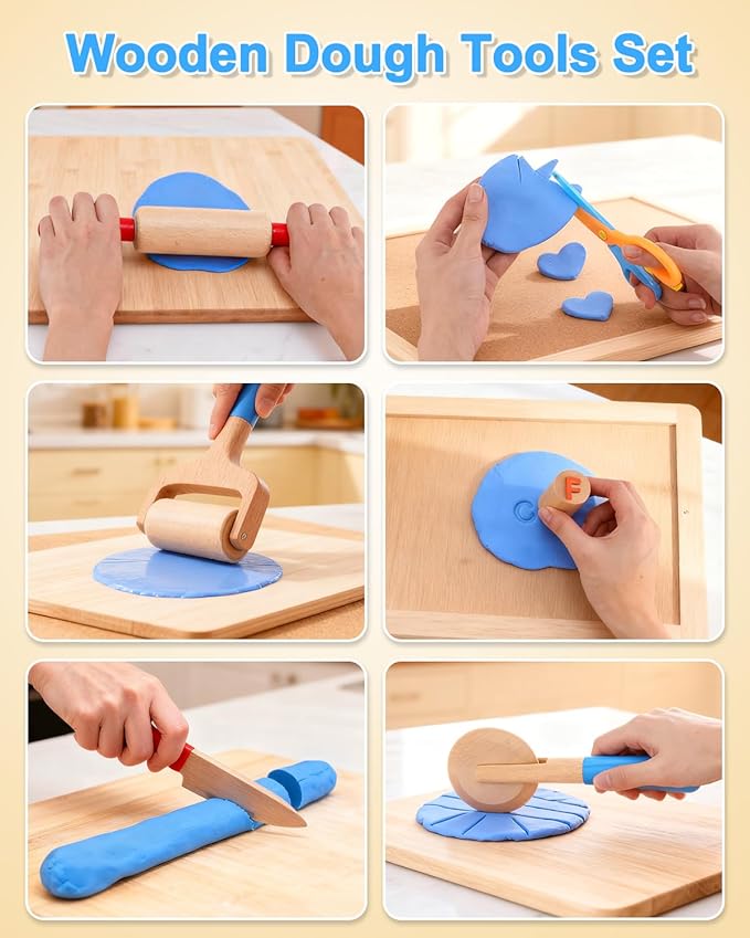 Wooden Dough Tools Kit for Kids, Dough Accessories with Rolling Pins, Pizza Cutter, Safety Scissors & 26 Letter Stamps, Educational Alphabet Learning Toys Gift for Toddlers Ages 3–6