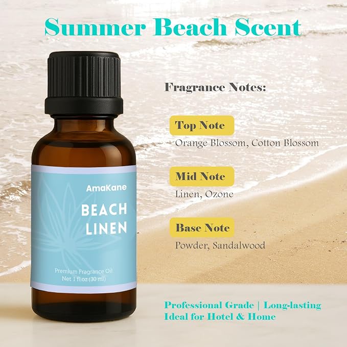 AmaKane Beach Linen Fragrance Oil for Aromatherapy, Beach Essential Oil for Diffusers for Home, DIY Candle Making Scents, Summer Fragrance Oil for Soap Making, 30ml