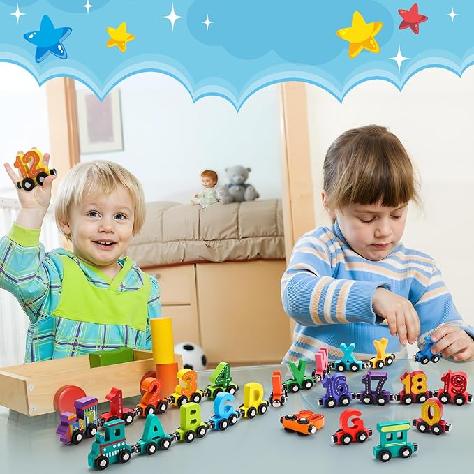 Vinsot 2 Sets Magnetic Wooden Alphabet and Number Train Toys Preschool Educational Activities Learning ABC Number Learning Toys Birthday Gifts for Toddlers Preschool Kids Baby Boys and Girls