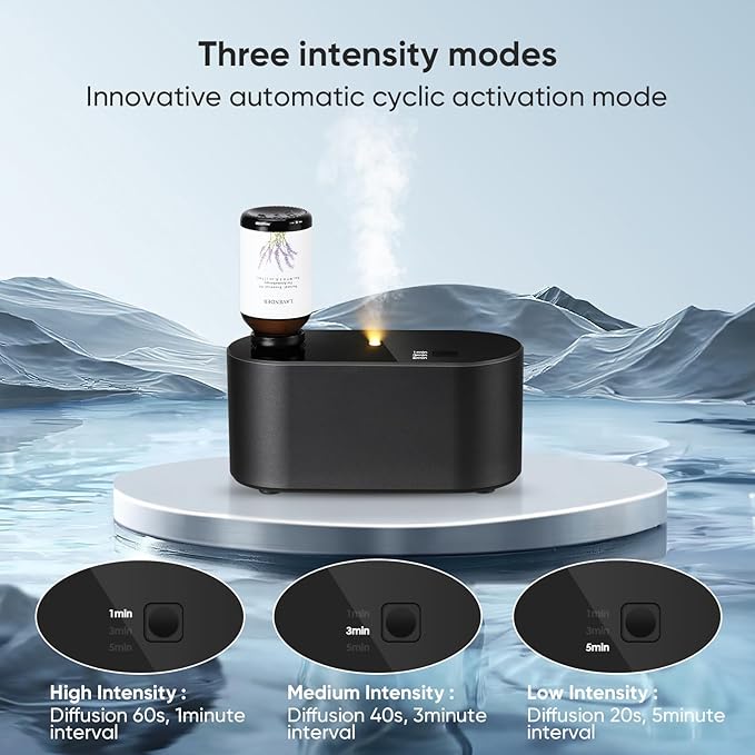 Levoair Waterless Essential Oil Diffuser, Mini Scent Air Machine, Aromatherapy Atomizing Diffuser, 3 Mist Modes, Cycle Start for Bedroom, Home, Office 160-700 sq. ft Scent Black