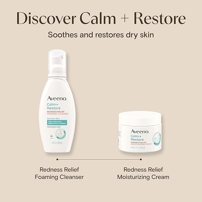 Aveeno Calm + Restore Facial Moisturizer Face Cream for Redness Relief, Non-Comedogenic, Ceramide & Vitamin B5, Hydrating for Dry, Sensitive Skin, Hypoallergenic, Fragrance-Free, 1.7 oz