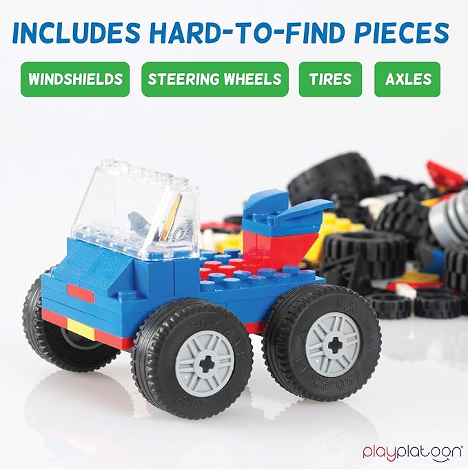 Play Platoon 400 Piece Wheels and Axles Sets, Building Bricks Car Parts & Pieces Kit - Car Building Set with Wheels, Axles & Windshields and Bonus Bricks