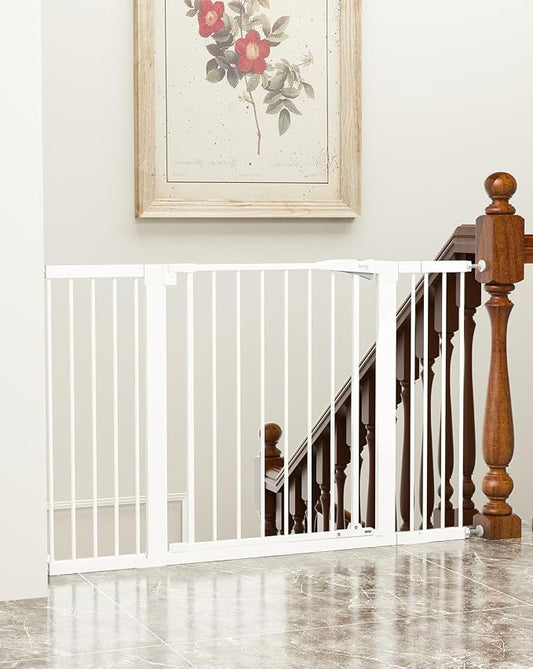 keny 29.7"-51.5" Extra Wide Baby Gate for Stairs, Easy Walk Thru Dog Gate with 21.1" Large Opening Door, Pressured Mounted No Drilling Pet Gate, 30" Tall, White