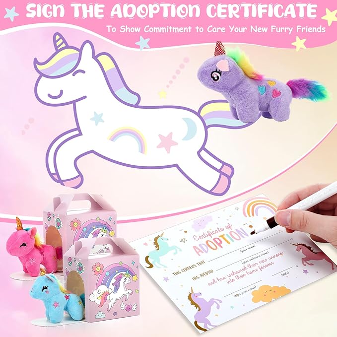 84 Pcs Adopt a Pet Party Favors 24 Mini Plush Stuffed Animals 10 White Plastic Fence 24 Paper Gift Boxes 24 Adoption Cards with Mini Chalkboard and Artificial Lawn(Unicorn)