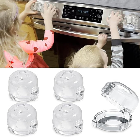 Childproof Stove Knob Safety Covers, Oven Knob Covers for Child Safety 5 Pack, Clear Stove Knob Covers & Gas Stove Locks, Heat-Resistant Adhesive,Double-Key Baby Proof Covers for Gas/Electric Burners