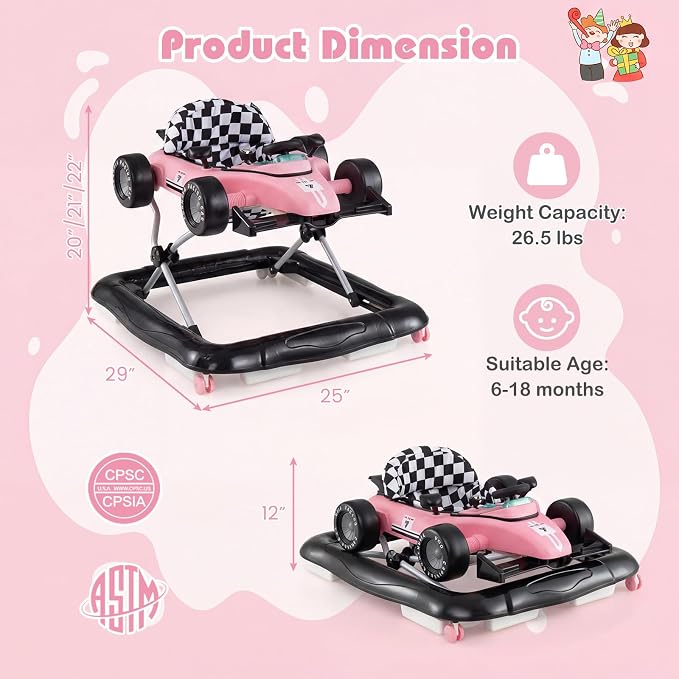 HONEY JOY Baby Walker, 4-in-1 Foldable Infant Activity Push Walker, Toddler Car Walker with Adjustable Heights, Music, Lights, Padded Seat, Baby Walker with Wheels for Boys Girls 6-18 Months (Pink)